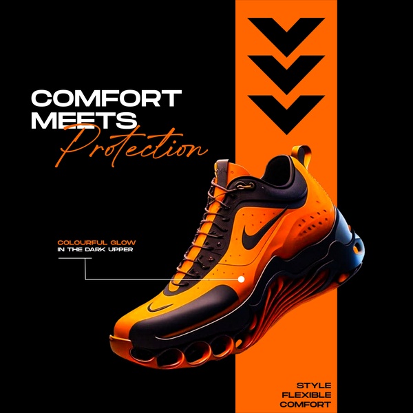 athletic shoes, running shoes, sneakers, sports shoes, training shoes, workout shoes, performance shoes, product launch, brand awareness, modern typography, bold, energetic, orange, black